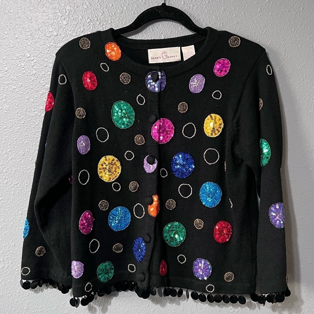 Vntg Jane’s Closet Beaded Circles Multicolor Sweater Cardigan SM Sequins/Beading